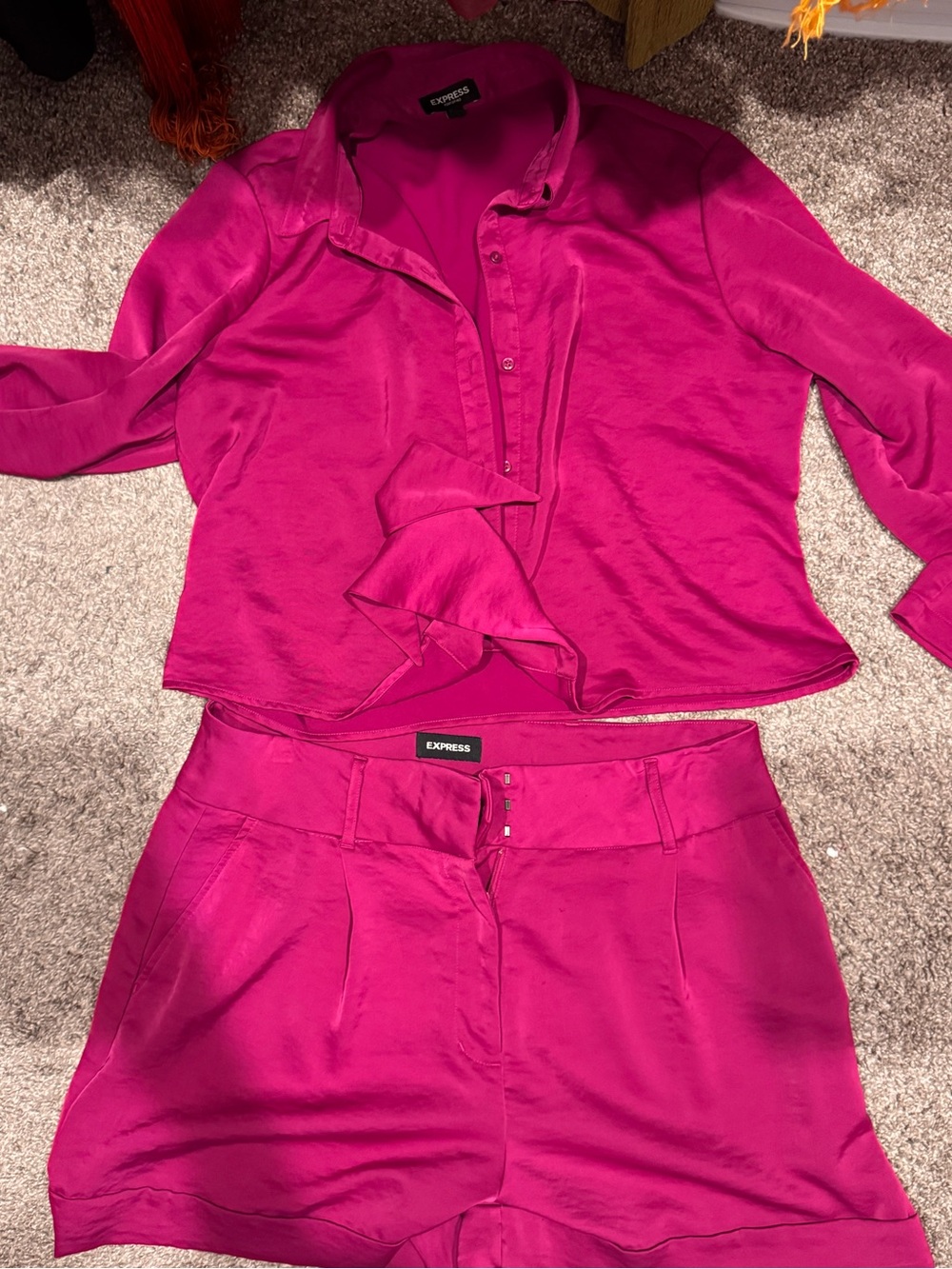 Express Hot Pink Satin Blouse and Shorts Set